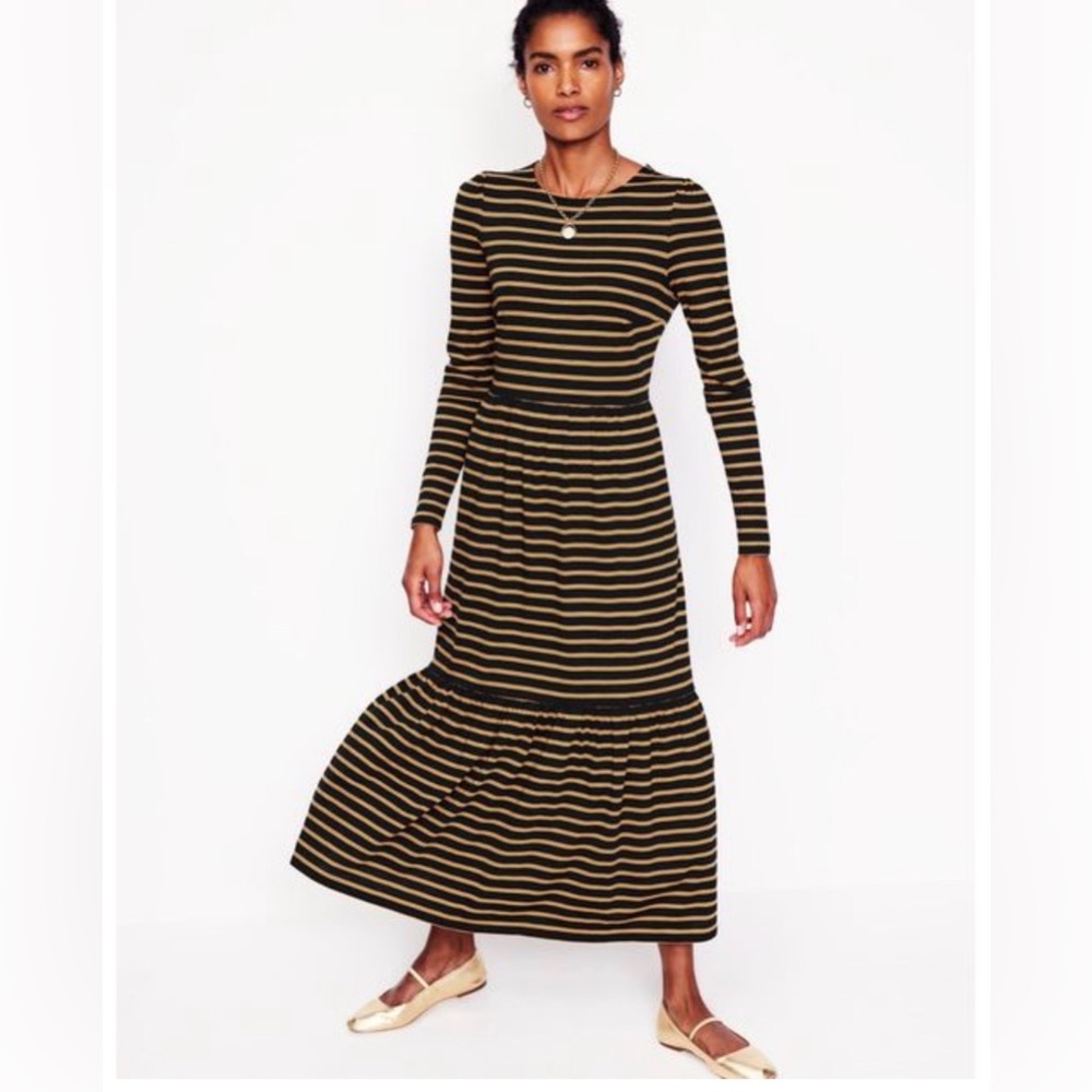 Boden Emma Long Sleeve Jersey Dress Navy Red Stripe‎ Tiered Midi Size 12 R